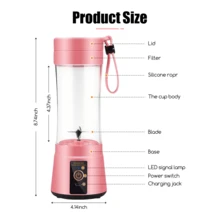 12.85 Oz Rechargeable Portable Mixing Cup, Electric USB Juice Blender Mini Mixer, Suitable For Shakes And Smoothies, Juice, 380ml, Pink - Pink - View 3