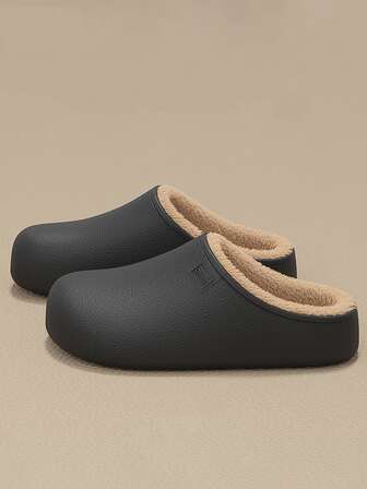 Couple EVA Slippers, Solid Color Casual Soft Plush Lining Indoor Outdoor Slippers For Men, Plus Size 46-47, Soft Warm Fashionable Versatile Wear, High-End Quality Men's Shoes, Black Slippers, Winter Men's Slippers, Men's House Shoes, Men's Work Shoes (Due To Batch Differences, The Printed Letters And Plush Lining Color May Vary, But The Material Is The Same And Does Not Affect Use)