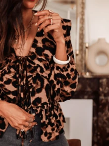 Blusa casual de mujer de talla grande con estampado de leopardo, blusas elegantes con estampado de leopardo para mujeres - Multicolor - Ver 4