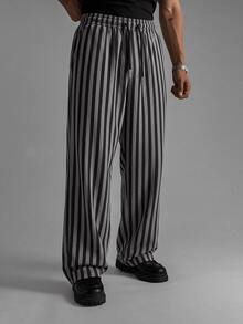 LOOKUN 100% Cotton Black & White Striped Unisex Casual Jeans With Drawstring Waist, Loose Straight Leg Pants, Spring/Autumn - Black and White - View 2