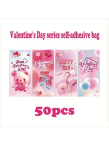 50个情人节红色爱心嘴唇透明糖果袋，配粉色丝带系带，耐用塑料糖果包装，平顶带金属丝封口，适合婚礼和派对礼物 - 彩色 - 查看 5