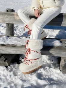 Women's Faux Fur Boots  Fuzzy Fluffy Furry Snow Boots Round Toe With Lace-Up Design Cute Warm Suitable For Christmas Halloween And Winter - Trắng a - Xem 4