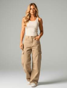 Women's Cargo Jeans, Wide Leg, High Waist, Casual, Beige - Màu be - Xem 3