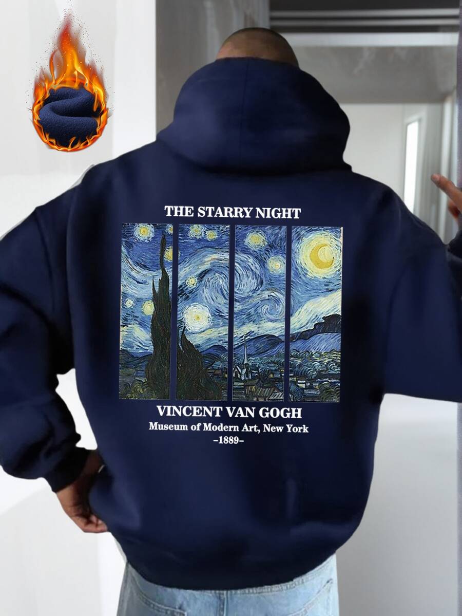 Men's Casual Streetwear Versatile Starry Sky Print Hoodie Sweatshirt, For Fall Winter, Long Sleeve Top