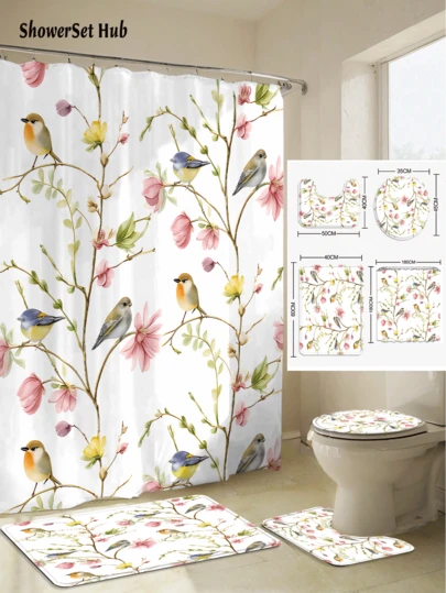 1/3/4pcs Watercolor Bird Floral Shower Curtain Bathroom Sets, Wite Vintage Nature-Inspired Waterproof And Wear-Resistant Accessories,With 12 Hooks - Includes Toilet Seat Cover, Bath Mats, And Rugs - Plastic Fabric - Washable,Mildew-Resistant - Perfect For Holiday Decor,Home/Bedroom/House/Western/Spring Decor,