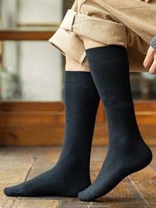 1 Pair Men's Long Casual Everyday Wear Calf Socks, Warm - Black - View 5