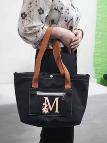 New Black Hooded Fashionable Shoulder Bag With English Letter & Floral Print, Versatile For School, Campus, Library, Commute, Shopping, Travel, Large Capacity Casual Tote Bag