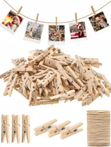 Mini Wooden Clips With Jute Rope, Artcraft, Natural Wooden Small Clothespins With Mini Easel Stands, Suitable For Photo Display Racks, DIY Crafts, Cocktail Food Markers, Christmas Party Holiday Gift Decoration Wooden Clips - Multicolor - View 2