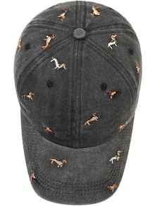 1顶小狗图案刺绣棒球帽，水洗风格男女通用帽，时尚复古遮阳帽，可调节户外遮阳帽，Y2K软帽冠弯檐