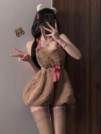 ชุดเดรส 1, ชุดชั้นในเซ็กซี่กำมะหยี่เปิดหลังเครื่องแบบล่อใจหมีกลวงออกคอแขวนน่ารักชุดนอนเมดเซ็กซี่ไม่ต้องถอด