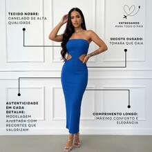Long Strapless Dress With Opening At The Waist And Slit At The Back For Women's Party Night - Royal Blue - View 4