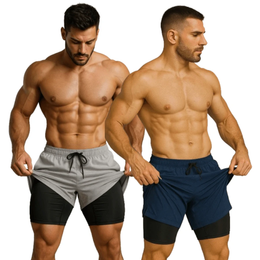 Kit Of 2 Men's 2-In-1 UV Sports Shorts, DryFit, For Gym, Training, Running, Cycling - KIT 2 灰藍色 - 查看 1