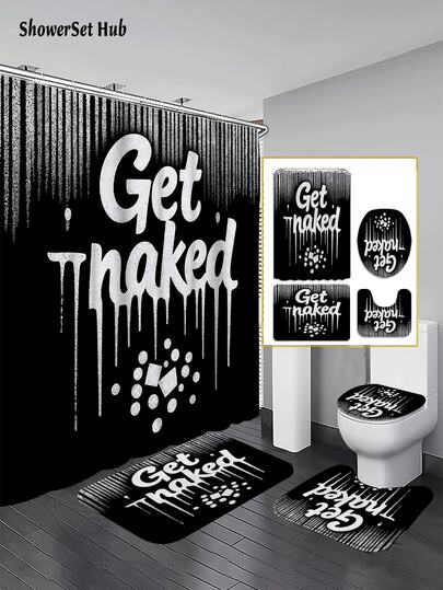 1/3/4件套黑白涂鸦文字浴帘浴室套装，幽默防水耐磨配件，带12个挂钩 - 包括马桶盖、浴垫和地毯 - 塑料面料 - 可水洗，防霉 - 非常适合节日装饰、家居/卧室/住宅/西式/春季装饰