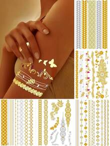 5 miếng dán hình xăm tạm thời chống thấm nước, ánh kim vàng dành cho người lớn, thích hợp cho mùa hè, bãi biển, lễ hội, tiệc bể bơi, hình xăm giả kim loại. - Vàng - Xem 9