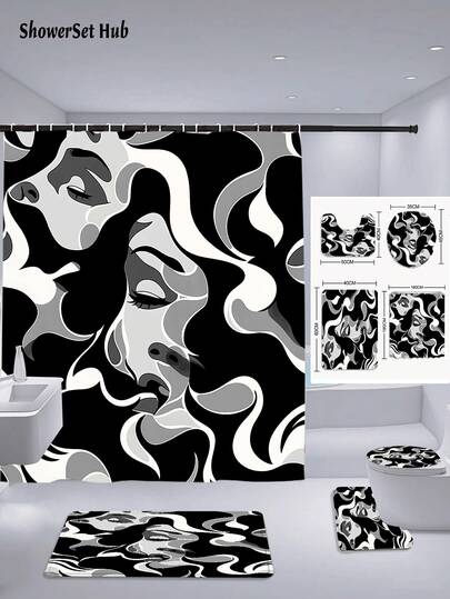 1/3/4pcs Black-White-Grey Abstract Face Design Shower Curtain Bathroom Sets,Modern Art Waterproof And Wear-Resistant Accessories,With 12 Hooks - Includes Toilet Seat Cover, Bath Mats, And Rugs - Plastic Fabric - Washable,Mildew-Resistant - Perfect For Holiday Decor,Home/Bedroom/House/Western/Spring Decor,