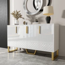 High-Gloss Lacquered Sideboard, 4 Doors, Metal Handles And Legs, White Geometric Pattern, 140 Cm (L) X 40 Cm (W) X 80 Cm (H) - White - View 4