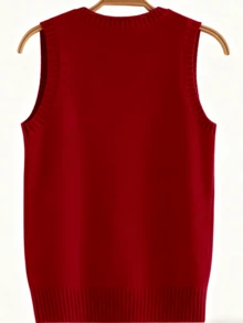 Plus Size Women Pullover Sweater Vest, Elegant European & American Style, Versatile Casual Solid Color Crew Neck Sleeveless Knit Sweater Tank Top, Suitable For Spring, Autumn & Winter - Red - View 2