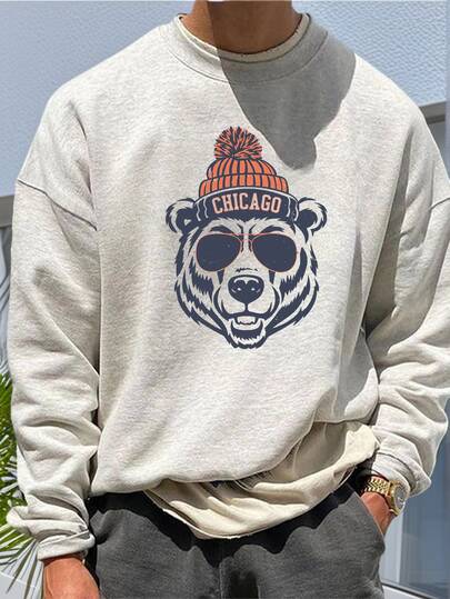  Zrgoth Men's Round Neck Casual Bear Head Print Loose Comfortable Sweatshirt | Chicago Element Design