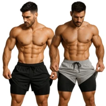 Kit Of 2 Men's 2-In-1 UV Sports Shorts, DryFit, For Gym, Training, Running, Cycling - KIT 2 黑灰色 - 查看 1