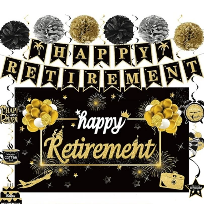 Happy Retirement Party Decorations Kit For Men Women, Black Gold Retirement Banner Balloon Swirl Paper Pompom Party Supplies, Retired Sash Table Topper Swirls Set, Easter Decor