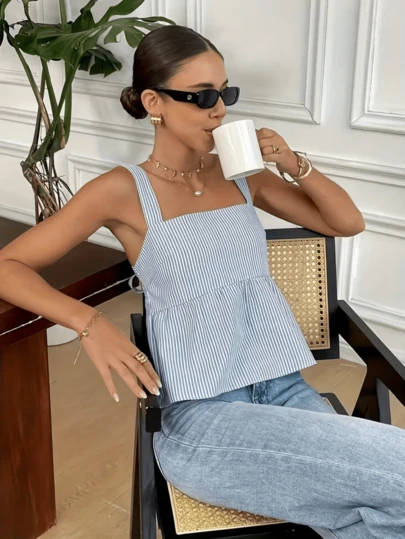 Casual Striped Tie-Up Backless Sleeveless Top, Summer