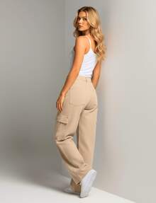 Women's Cargo Jeans, Wide Leg, High Waist, Casual, Beige - Màu be - Xem 9