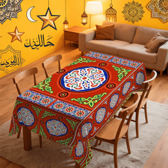 1/20pcs Islamic Festival Decorative Tablecloth, Featuring Geometric Floral Patterns And Red, Blue, And Green Interwoven Printed Tablecloths, Suitable For Living Rooms, Dining Rooms, And Other Scenes, Adding A Warm Atmosphere To Festivals And Daily Life.