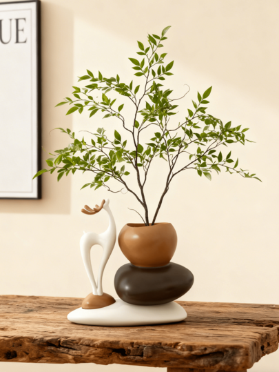 1PC Boho Style Stone - Shaped Vase With Deer Accent & Artificial Orange Blooms - Elegant Home Decor For Living Room & Study, Charming Centerpiece For Bohemian - Inspired Interiors, Ideal For Rustic & Artistic Spaces