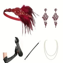 20 世纪 20 年代复古羽毛发饰套装，晚会服装道具，包括头带、项链、耳环、手套、棍棒