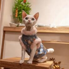 Autumn/Winter Chinese-Style Velvet Cheongsam, Chinese-Style Lunar New Year Cat Costume, Brocade Sash With Fur Collar, Festive Chinese-Style Pet Outfit With Warmth And Style