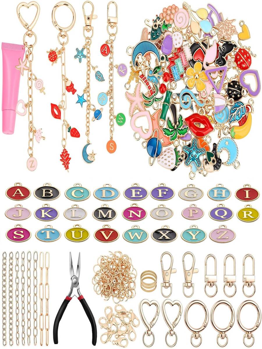 198pcs Lip Gloss Keychain Making Kit, DIY Craft Set Includes Pendant, Keychain Hook, Split Ring, Lobster Clasp, Chain And Tools, Jewelry Making Kit For Custom Keychains, Bags, Gifts - Keychain Set - View 1