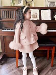 2pcs/Set Girls Winter Woolen Short Jacket + Thick A-Line Skirt Suit - Coral Pink - View 1
