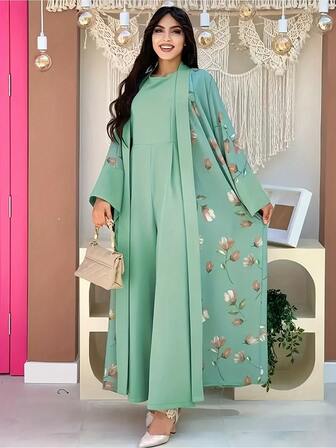 Plain Dress Set No Hijab, Floral Retro Print Long Open Front Plain Dress And Sleeveless Wide Leg Jumpsuit, Women
