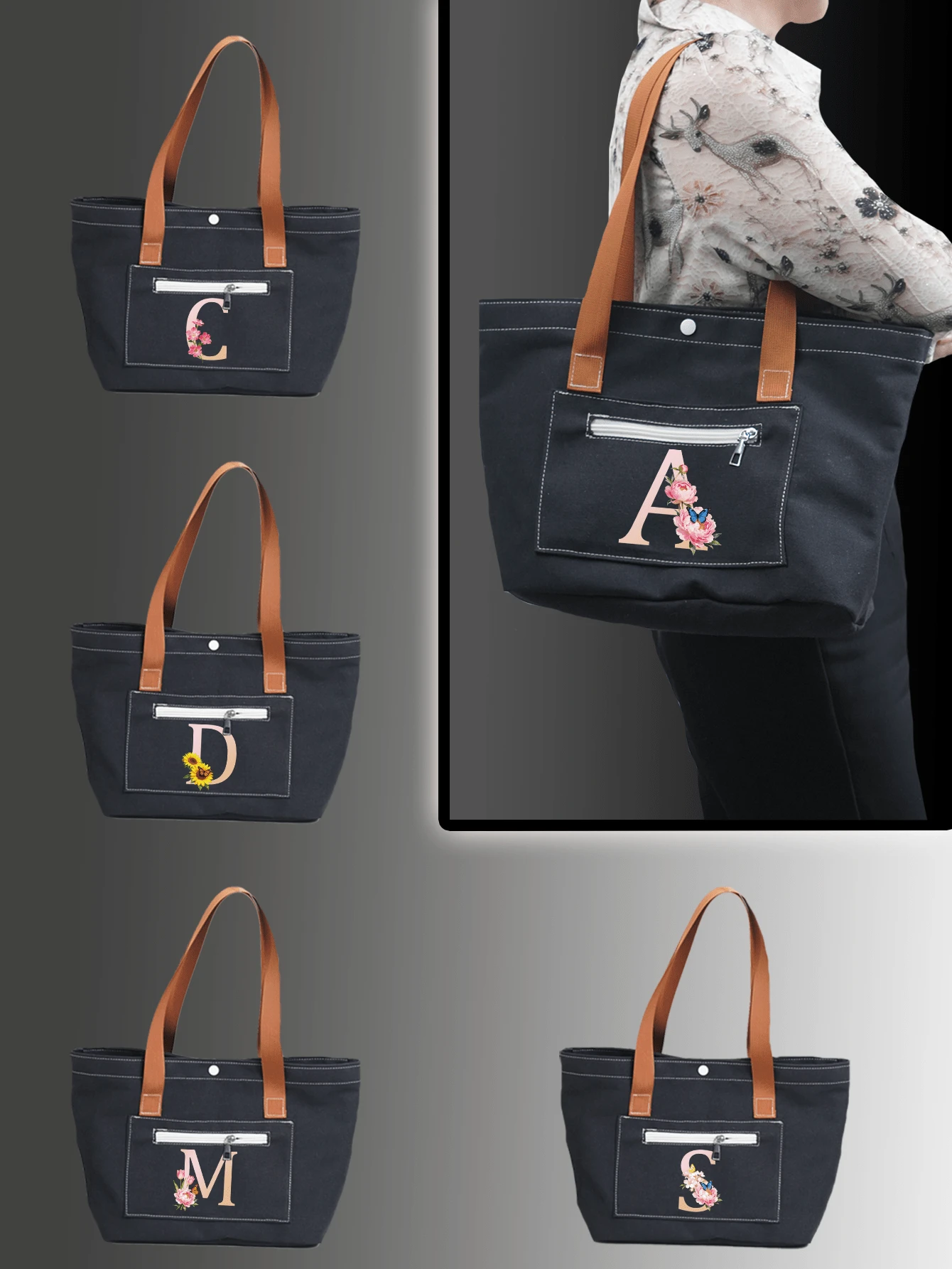 New Black Hooded Fashionable Shoulder Bag With English Letter & Floral Print, Versatile For School, Campus, Library, Commute, Shopping, Travel, Large Capacity Casual Tote Bag