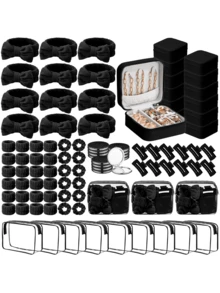 96 Pcs Black Spa Party Favors For Women Pink Beige Sleepover Set Headband Wristband Scrunchies Hair Clip Jewelry Case Makeup Bag Bridesmaid Gifts - 黑色96 - 查看 1