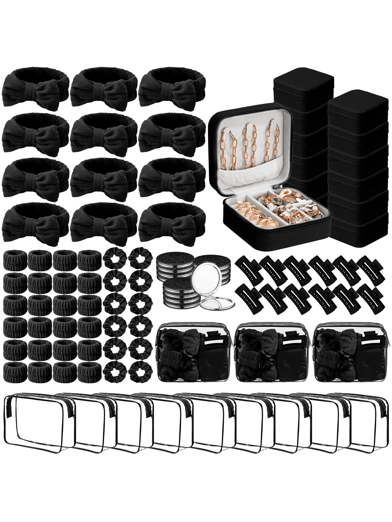 96 Pcs Black Spa Party Favors For Women Pink Beige Sleepover Set Headband Wristband Scrunchies Hair Clip Jewelry Case Makeup Bag Bridesmaid Gifts - 黑色96 - 查看 1