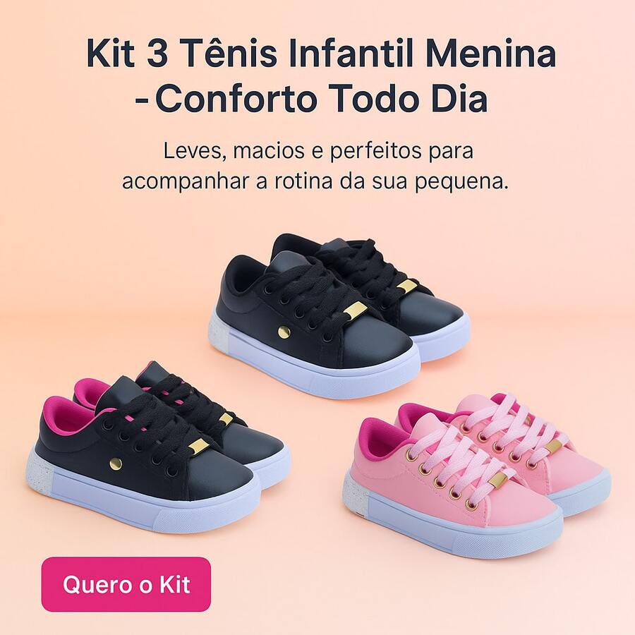 Set Of 3 Girls' Sneakers - Comfortable And Practical, Colors That Charm, Sizes 25 To 36 | ADD TO CART - Black/Pink + Black Glitter + Pink - View 1