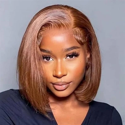 Honey Blonde Ombre Straight Bob Lace Frontal Wig, 13x4 HD Lace Frontal, Pre-Plucked Human Blended Hair, 180% Density, Elegant Style For Women, Natural Hairline, High Ponytail, Side-Part, Christmas Day & Party Wear