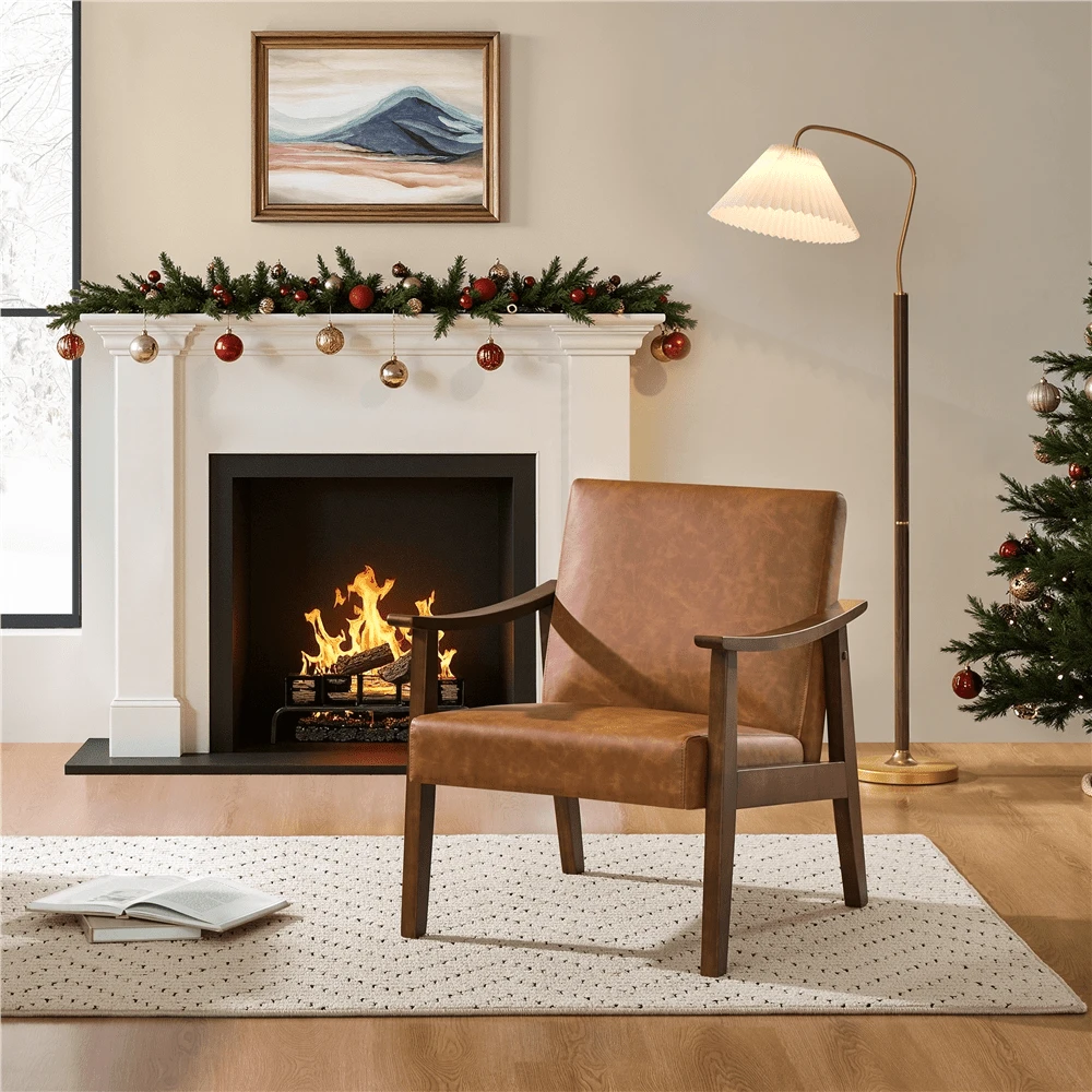 Butterslay 1PC Mid-Century Modern Brown Faux Leather Armchair - Solid Wood Legs Accent Chair With 5.5" Thick Foam & Spring Cushion, Waterproof Easy To Clean Cozy Chair For Living Room Bedroom Office - 棕色 - 查看 1