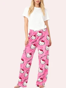 Sanrio Hello Kitty Pink Flannel Pants, Women's YK2 Style Hello Kitty Printed Casual Sleepers Pants