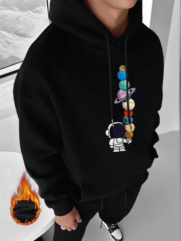 男士行星元素印花口袋连帽卫衣，适合情侣穿着，秋冬季长袖上衣