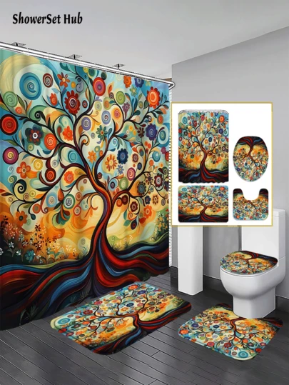1/3/4件套彩色漩涡树图案浴帘浴室套装，梦幻生命之树防水耐磨配件，带12个挂钩 - 包括马桶座套、浴垫和地毯 - 塑料面料 - 可水洗，防霉 - 非常适合节日装饰、家居/卧室/房屋/西式/春季装饰