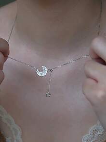 S925 Sterling Silver Synthetic Zirconia Star & Moon Mythology Design Star Tassel Necklace, Suitable For Women's Daily Wear And Gatherings, Elegant Necklace For Gifts On Holidays And Anniversaries - Silver - View 1