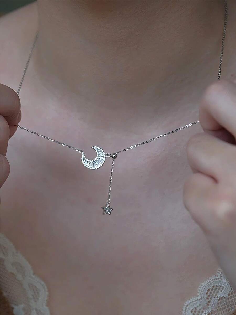 S925 Sterling Silver Synthetic Zirconia Star & Moon Mythology Design Star Tassel Necklace, Suitable For Women's Daily Wear And Gatherings, Elegant Necklace For Gifts On Holidays And Anniversaries - Silver - View 1