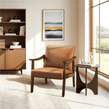 Butterslay 1PC Mid-Century Modern Brown Faux Leather Armchair - Solid Wood Legs Accent Chair With 5.5" Thick Foam & Spring Cushion, Waterproof Easy To Clean Cozy Chair For Living Room Bedroom Office - 棕色 - 查看 2