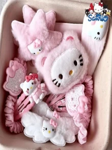Sanrio 15件套三丽鸥Hello Kitty粉色发夹套装，可爱毛绒猫嘴发夹，日式侧边发饰，情人节礼物，KT猫头饰 - 彩色 - 查看 3