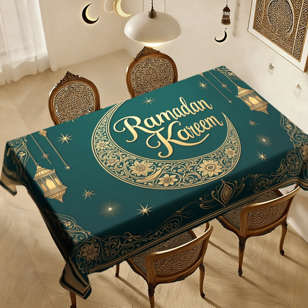 1/20pcs Ramadan Tablecloth, Green Background With Lantern, Moon And Floral Pattern, Elegant And Luxurious Ramadan Blessing Print, Suitable For Home, Kitchen, Dining Room, Party, Holiday And Gift, Durable And Easy Care, Indoor And Outdoor Use, Ideal Home Decor, Arabic Style Festival Decoration