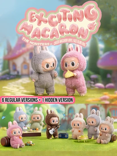 Pop Mart THE MONSTERS Exciting Macaron Blind Box - 6 Regular Designs + 1 Hidden Design, Adjustable Wire Posture, Soft Rubber Hands & Feet, Portable Metal Ring For Display Or Carry, All Members Feature Plush Macaron-Themed Designs (Tofu, Dodo Bird, Lychee, Berries, Etc.)