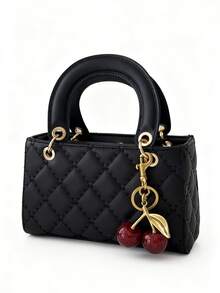 1件PU皮革手提包，横款女士托特包，酒红色晚宴包，黑色百搭夏季新款女士漆皮绗缝托特包，结构化小包，时尚单肩斜挎包，几何图案钱包 - 黑色 - 查看 5