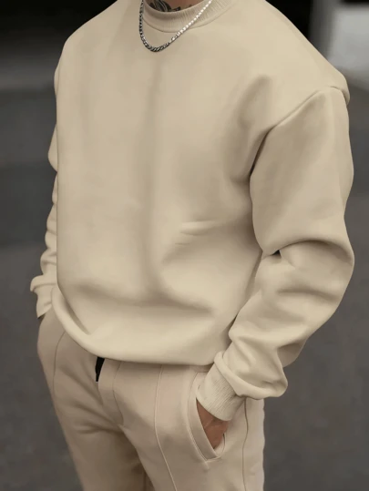 Men's Plus Size Casual Sweatshirt, 100% Polyester Knit Fabric, Slight Stretch, Regular Fit, Men's Solid Color Crew Neck Sweatshirt In Beige